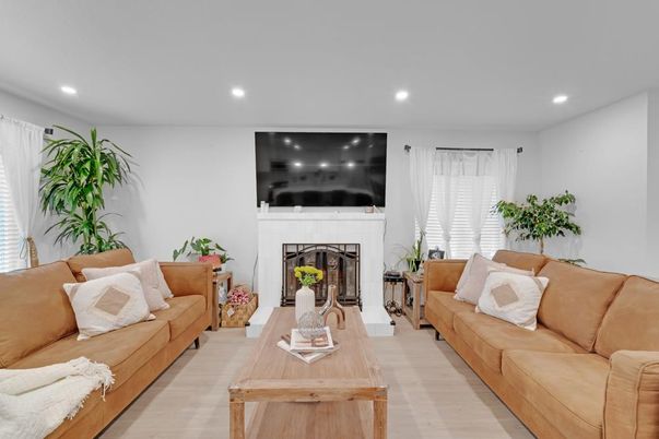Fireplace, Interior, Living room, Recessed Lighting, Wood Texture Flooring