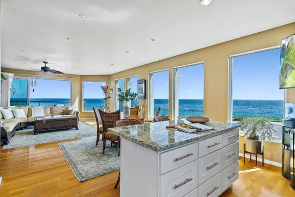 Dining room, Interior, Kitchen, Living room, Recessed Lighting, Water, Wood Texture Flooring