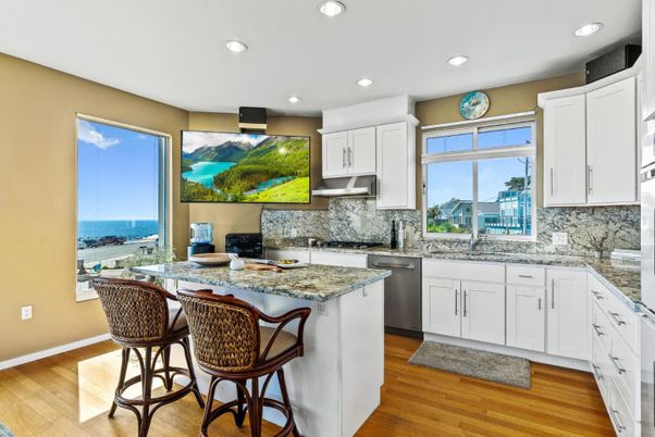 Interior, Kitchen, Recessed Lighting, Stainless Steel Appliances, Water, Wood Texture Flooring