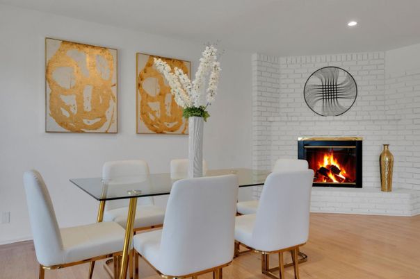 Dining room, Fireplace, Interior, Recessed Lighting, Stone Walls, Wood Texture Flooring