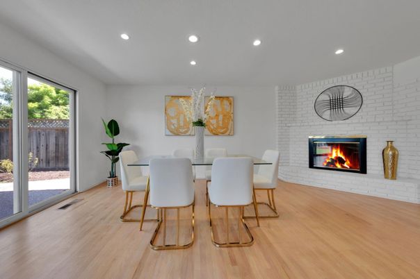 Dining room, Fireplace, Interior, Recessed Lighting, Stone Walls, Wood Texture Flooring