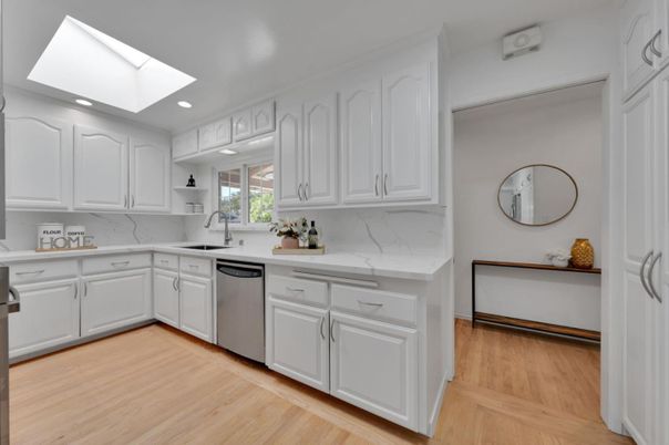 Interior, Kitchen, Recessed Lighting, Stainless Steel Appliances, Wood Texture Flooring