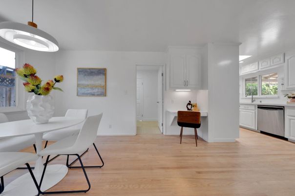 Dining room, Interior, Kitchen, Pendant Lights, Wood Texture Flooring