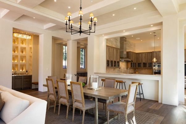 Chandelier, Dining room, Interior, Kitchen, Pendant Lights, Recessed Lighting, Wood Texture Flooring
