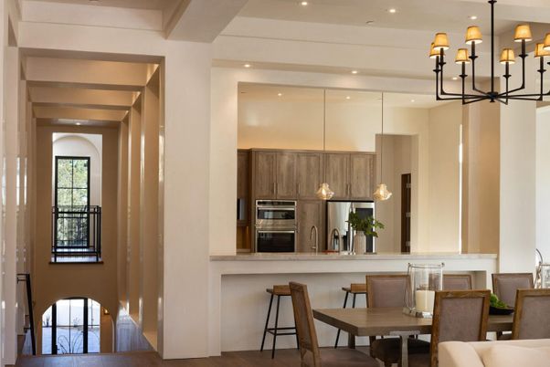 Chandelier, Dining room, Interior, Kitchen, Pendant Lights, Recessed Lighting, Stainless Steel Appliances, Wood Texture Flooring
