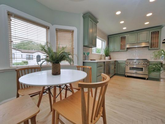 Dining room, Interior, Kitchen, Recessed Lighting, Stainless Steel Appliances, Wood Texture Flooring