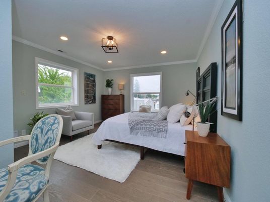 Bedroom, Interior, Recessed Lighting, Wood Texture Flooring