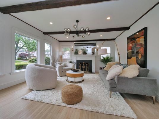 Fireplace, Interior, Living room, Pendant Lights, Recessed Lighting, Wooden Beams, Wood Texture Flooring