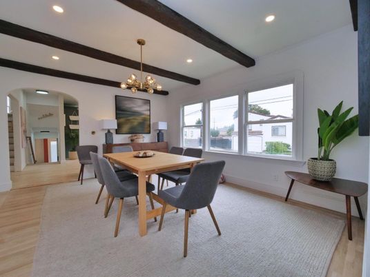 Dining room, Interior, Pendant Lights, Recessed Lighting, Wooden Beams, Wood Texture Flooring