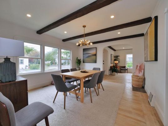 Chandelier, Dining room, Interior, Recessed Lighting, Wooden Beams, Wood Texture Flooring