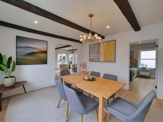 Dining room, Interior, Pendant Lights, Recessed Lighting, Wooden Beams, Wood Texture Flooring