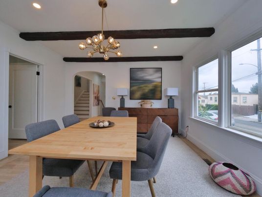 Dining room, Interior, Pendant Lights, Recessed Lighting, Wooden Beams, Wood Texture Flooring