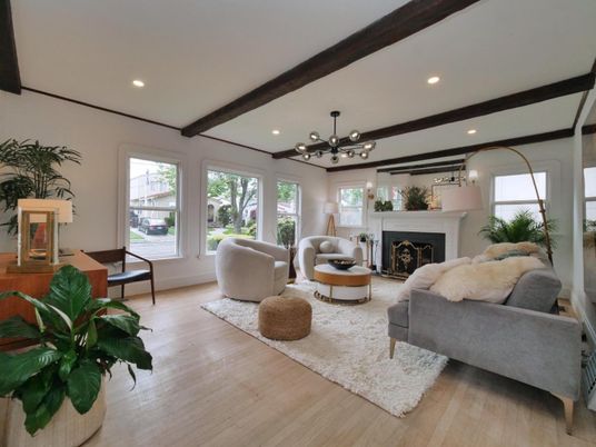 Fireplace, Interior, Living room, Pendant Lights, Recessed Lighting, Wooden Beams, Wood Texture Flooring