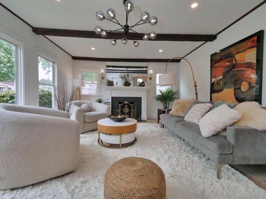 Fireplace, Interior, Living room, Pendant Lights, Recessed Lighting, Wooden Beams