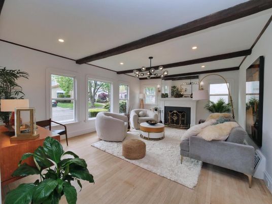 Fireplace, Interior, Living room, Pendant Lights, Recessed Lighting, Wooden Beams, Wood Texture Flooring