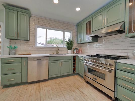 Interior, Kitchen, Recessed Lighting, Stainless Steel Appliances, Wood Texture Flooring