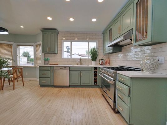 Interior, Kitchen, Recessed Lighting, Stainless Steel Appliances, Wood Texture Flooring