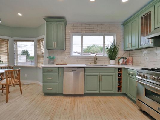 Interior, Kitchen, Recessed Lighting, Stainless Steel Appliances, Stone Walls, Wood Texture Flooring