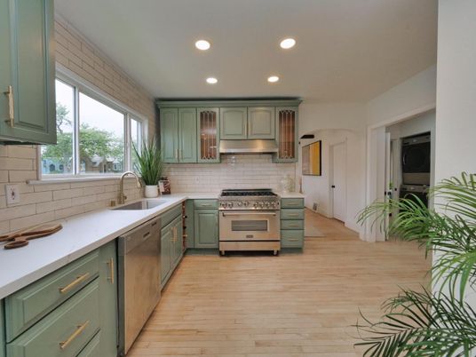 Interior, Kitchen, Recessed Lighting, Stainless Steel Appliances, Wood Texture Flooring