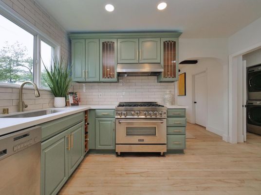 Interior, Kitchen, Recessed Lighting, Stainless Steel Appliances, Wood Texture Flooring