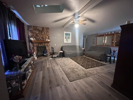 Fireplace, Interior, Living room, Stone Walls, Wood Texture Flooring
