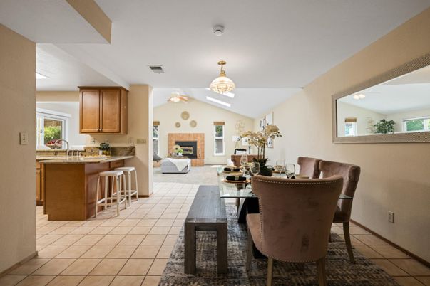 Dining room, Fireplace, Interior, Kitchen, Living room, Pendant Lights