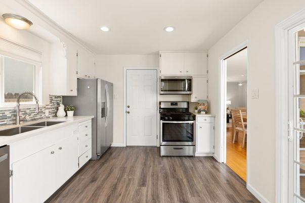 Interior, Kitchen, Recessed Lighting, Stainless Steel Appliances, Wood Texture Flooring
