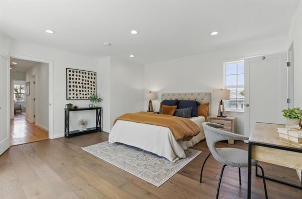 Bedroom, Interior, Recessed Lighting, Wood Texture Flooring