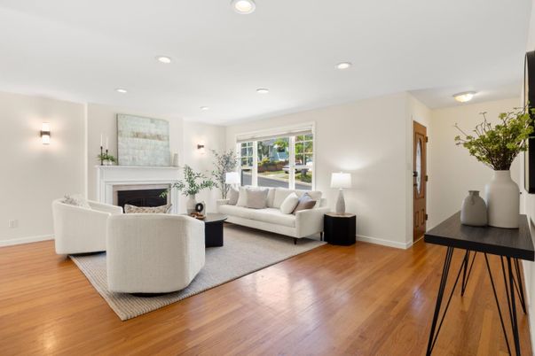 Fireplace, Interior, Living room, Recessed Lighting, Wood Texture Flooring
