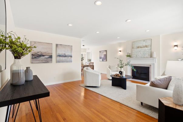 Fireplace, Interior, Living room, Recessed Lighting, Wood Texture Flooring