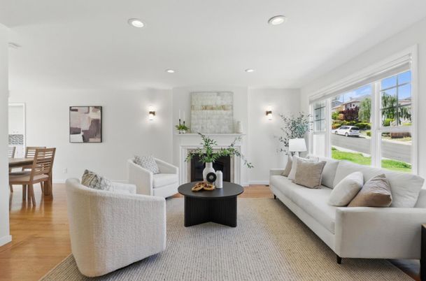Dining room, Fireplace, Interior, Living room, Recessed Lighting, Wood Texture Flooring