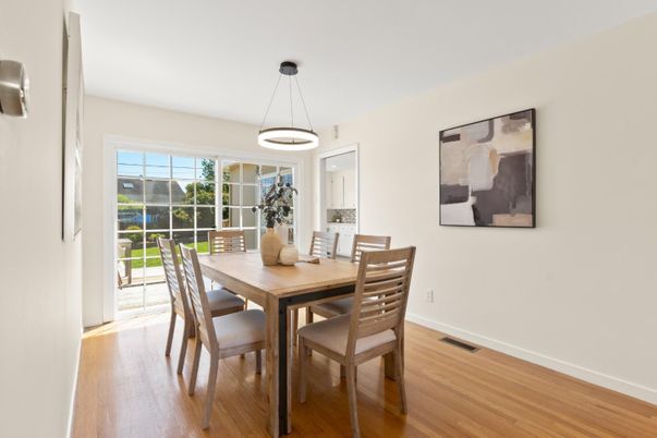 Dining room, Interior, Pendant Lights, Wood Texture Flooring
