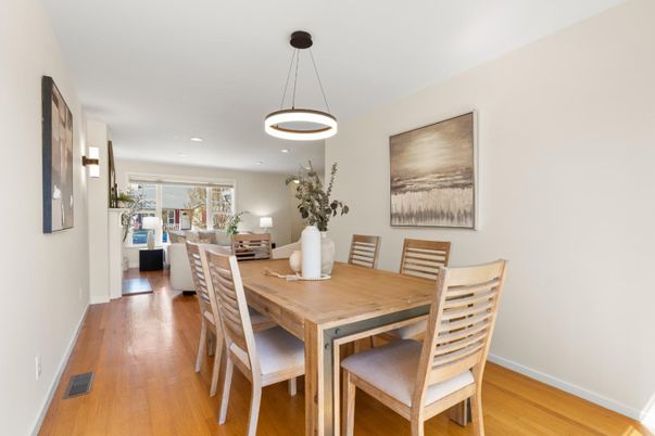 Dining room, Interior, Living room, Pendant Lights, Recessed Lighting, Wood Texture Flooring