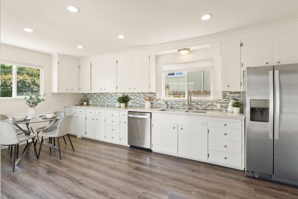 Dining room, Interior, Kitchen, Recessed Lighting, Stainless Steel Appliances, Wood Texture Flooring