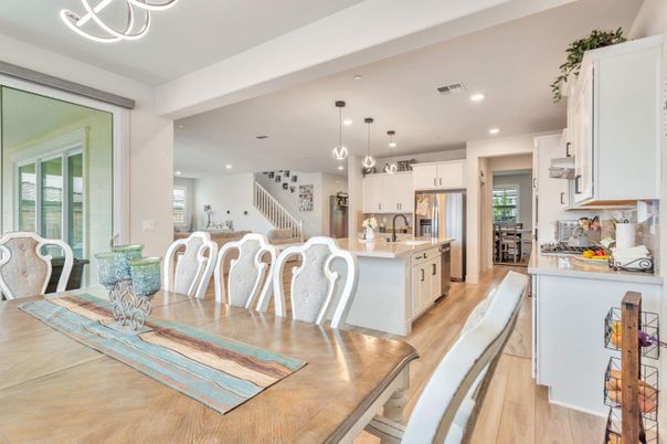 Dining room, Interior, Kitchen, Pendant Lights, Recessed Lighting, Wood Texture Flooring