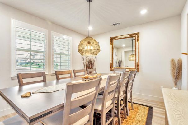 Dining room, Interior, Pendant Lights, Recessed Lighting, Wood Texture Flooring