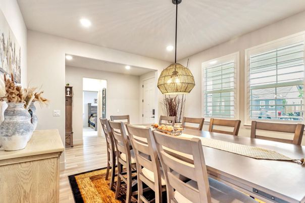 Dining room, Interior, Pendant Lights, Recessed Lighting, Wood Texture Flooring