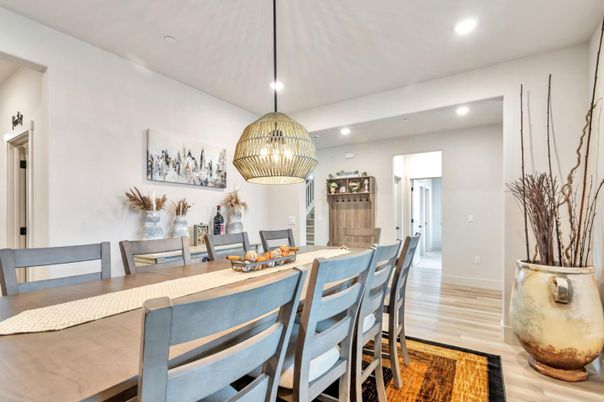 Dining room, Interior, Pendant Lights, Recessed Lighting, Wood Texture Flooring