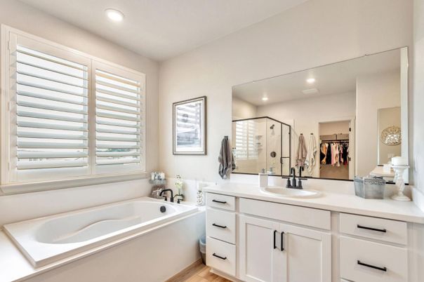 Bathroom, Dual Sink Vanities, Interior, Recessed Lighting, Wood Texture Flooring