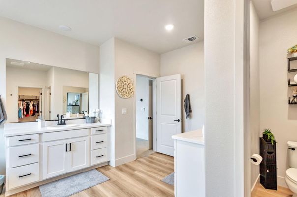 Bathroom, Dual Sink Vanities, Interior, Recessed Lighting, Wood Texture Flooring
