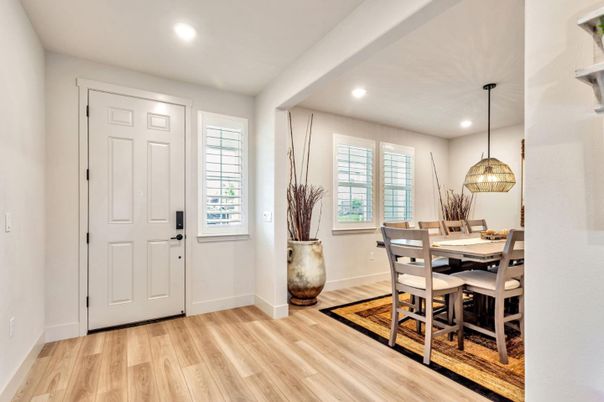 Dining room, Interior, Pendant Lights, Recessed Lighting, Wood Texture Flooring