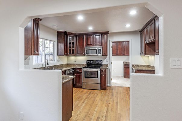 Interior, Kitchen, Recessed Lighting, Stainless Steel Appliances, Wood Texture Flooring