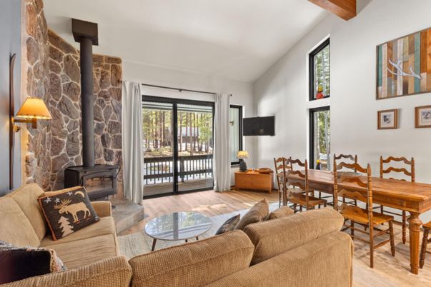 Dining room, Fireplace, Interior, Living room, Stone Walls, Wooden Beams, Wood Texture Flooring