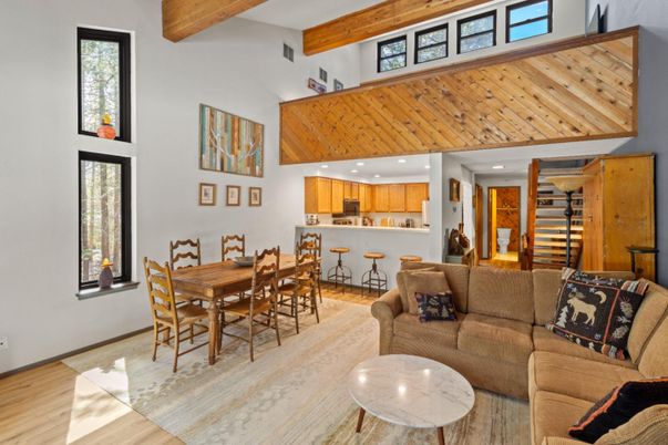 Dining room, Interior, Kitchen, Living room, Recessed Lighting, Wooden Beams, Wooden Ceilings, Wood Texture Flooring