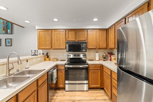 Interior, Kitchen, Recessed Lighting, Stainless Steel Appliances, Wood Texture Flooring