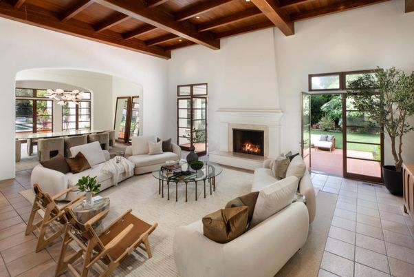 Fireplace, Interior, Living room, Recessed Lighting, Wooden Beams, Wooden Ceilings