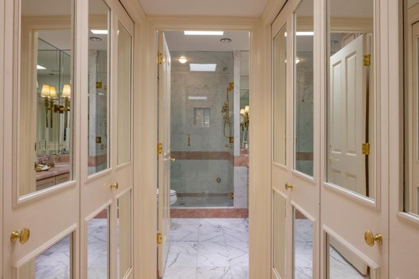Bathroom, Glass Shower, Interior, Marble, Marble Walls, Recessed Lighting