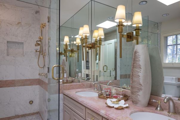 Bathroom, Dual Sink Vanities, Glass Shower, Interior, Marble Walls, Recessed Lighting
