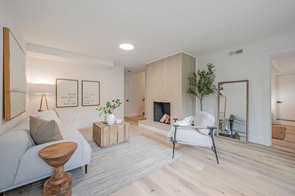 Bedroom, Fireplace, Interior, Living room, Recessed Lighting, Wood Texture Flooring