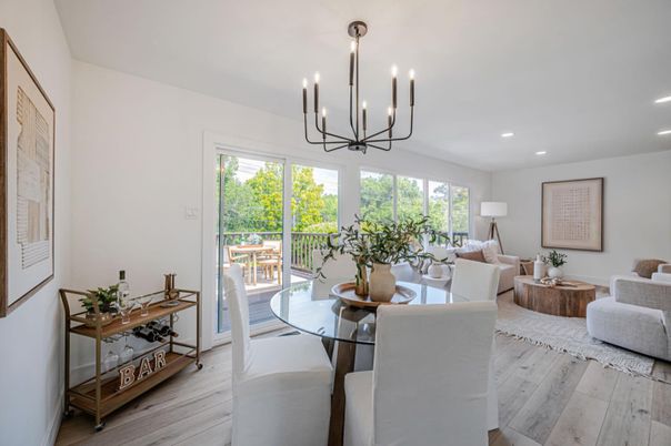 Chandelier, Dining room, Interior, Living room, Recessed Lighting, Wood Texture Flooring